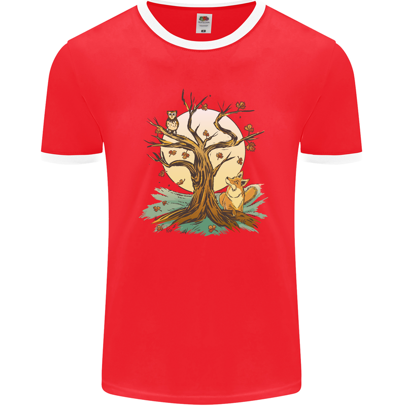 An Owl and Fox Tree Nature Ecology Mens Ringer T-Shirt FotL Red/White