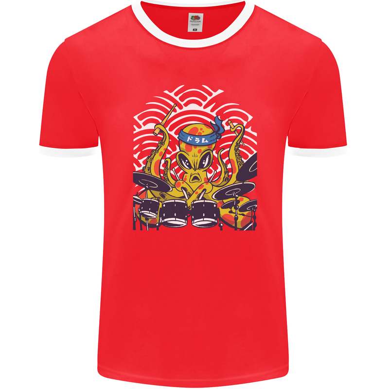 Japanese Octopus Drummer Drumming Drums Mens Ringer T-Shirt FotL Red/White