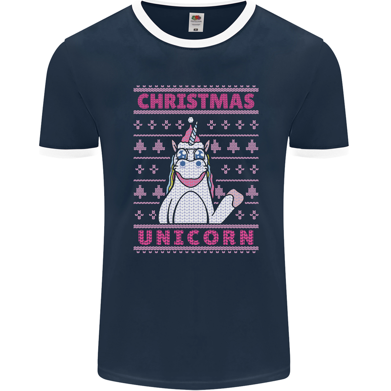 Funny Christmas Unicorn Mens Ringer T-Shirt FotL Navy Blue/White