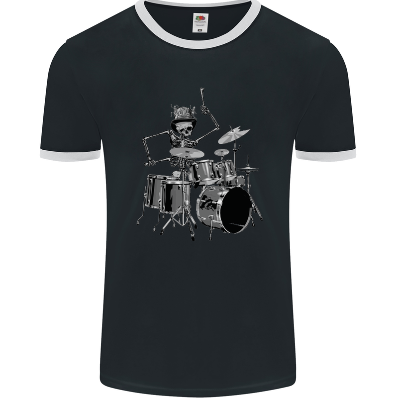 Skeleton Drummer Mens Ringer T-Shirt FotL Black/White