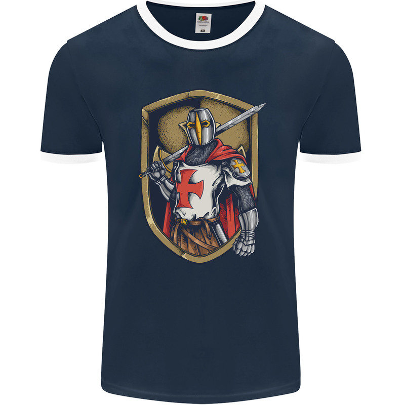 Knights Templar England St Georges Day Mens Ringer T-Shirt FotL Navy Blue/White