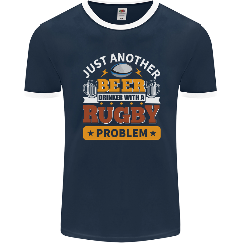 Beer Drinker With Rugby Problem Mens Ringer T-Shirt FotL Navy Blue/White