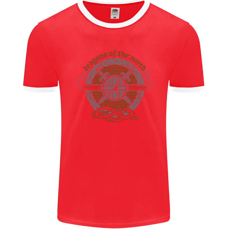 Dragons North Viking Valhalla Thor Odin Mens Ringer T-Shirt FotL Red/White