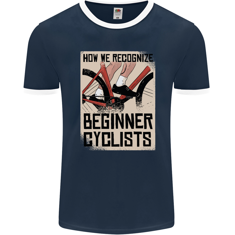 Novice Cyclists Funny Bicycle Cycling Mens Ringer T-Shirt FotL Navy Blue/White