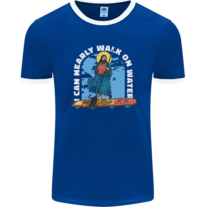 Funny Paddleboarder Jesus Paddleboarding Mens Ringer T-Shirt FotL Royal Blue/White