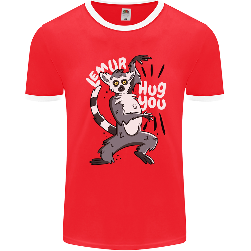 Lemur Hug You Funny Mens Ringer T-Shirt FotL Red/White