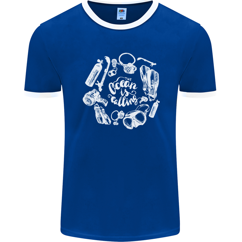 The Ocean Is Calling Scuba Diving Diver Mens Ringer T-Shirt FotL Royal Blue/White