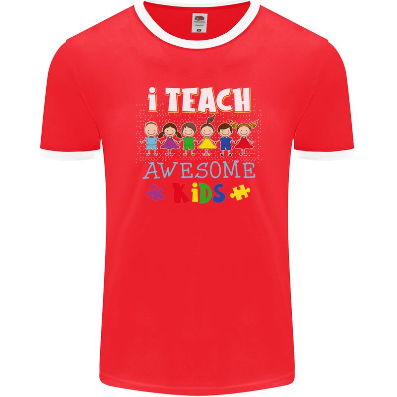 Autism Teacher I Teach Awesome Kid Autistic Mens Ringer T-Shirt FotL Red/White