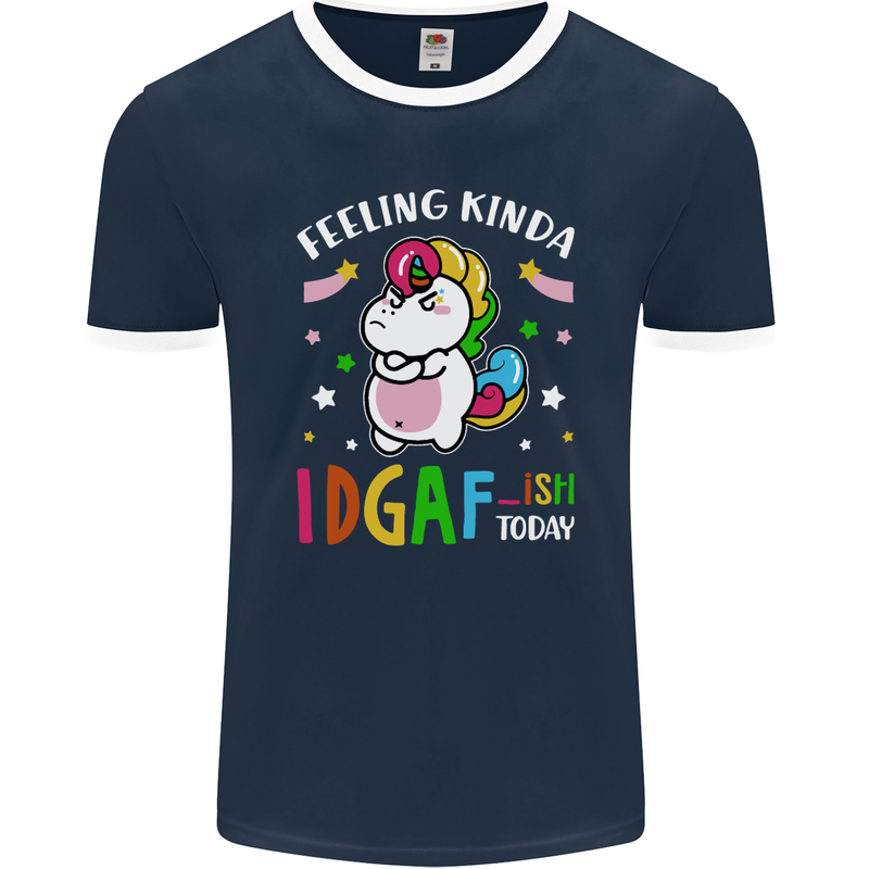 Feeling IDGAF Today Funny Offensive Unicorn Mens Ringer T-Shirt FotL Navy Blue/White