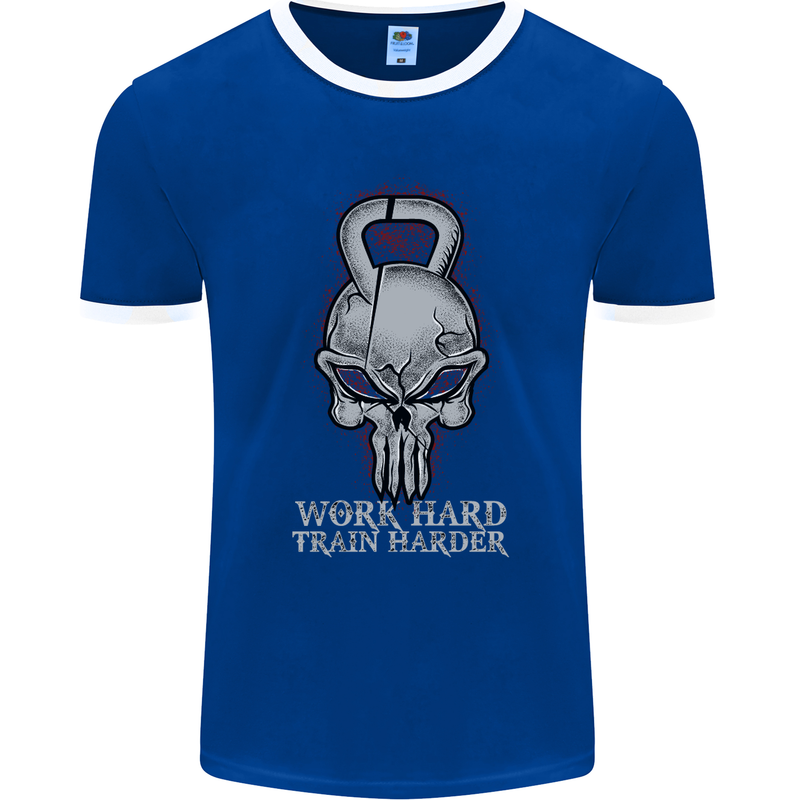 Work Hard Train Harder Training Top Workout Mens Ringer T-Shirt FotL Royal Blue/White