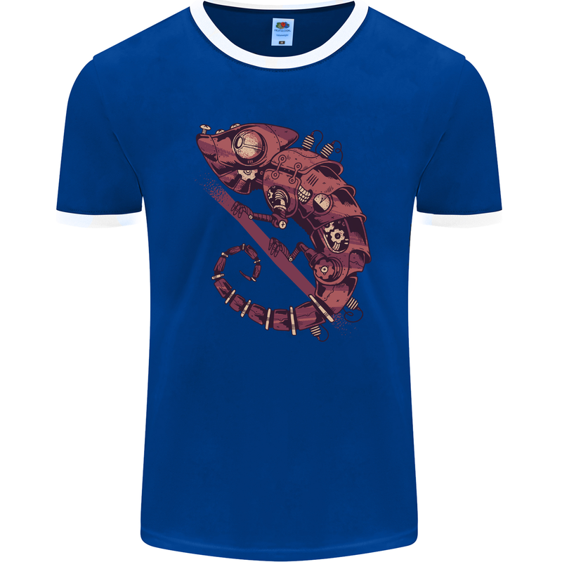 Steampunk Chameleon Iguana Reptile Lizard Mens Ringer T-Shirt FotL Royal Blue/White