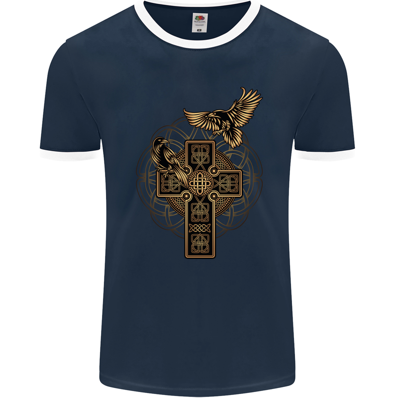 Odins Celtic Raven Viking Thor Ragnar Norse Mens Ringer T-Shirt FotL Navy Blue/White