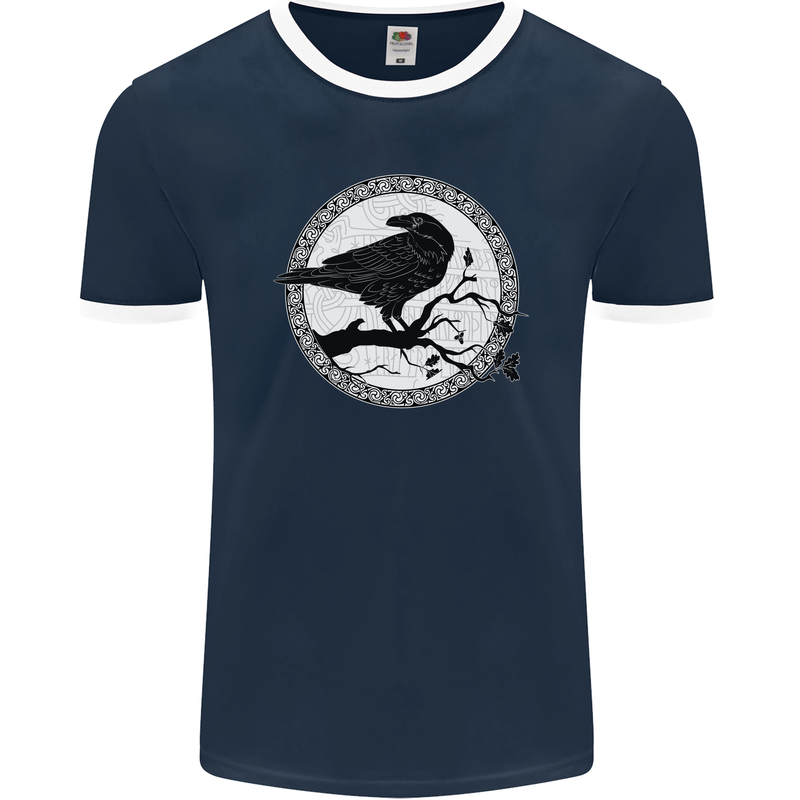 Viking Crow Celtic Norse Valhalla Odin Thor Mens Ringer T-Shirt FotL Navy Blue/White