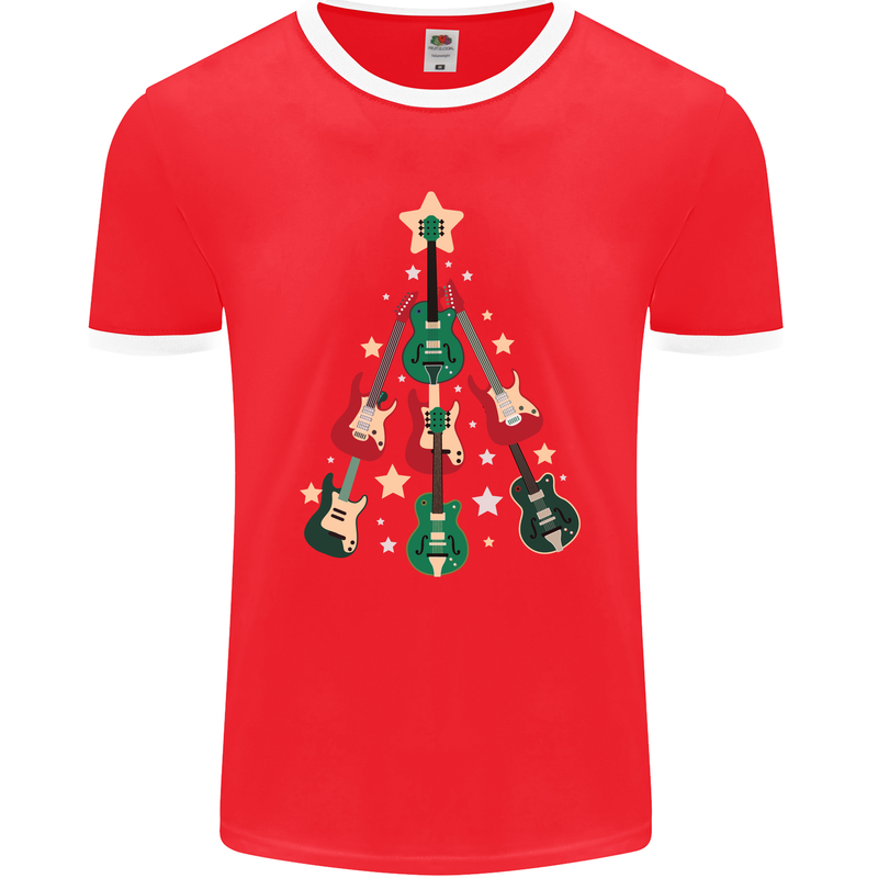 Funny Christmas Guitar Tree Rock Music Mens Ringer T-Shirt FotL Red/White