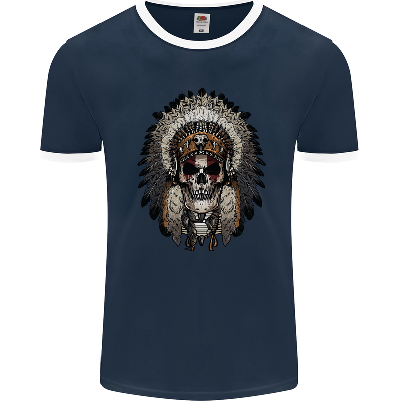 Native American Indian Skull Headdress Mens Ringer T-Shirt FotL Navy Blue/White