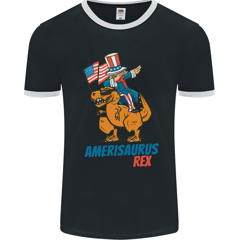 Amerisaurus T-Rex Dabbing Uncle Sam USA Mens Ringer T-Shirt FotL Black/White