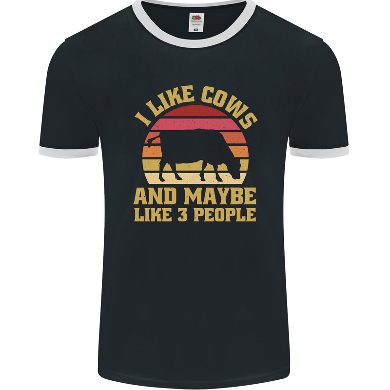 I Like Cows & 3 People Funny Sarcastic Slogan Mens Ringer T-Shirt FotL Black/White