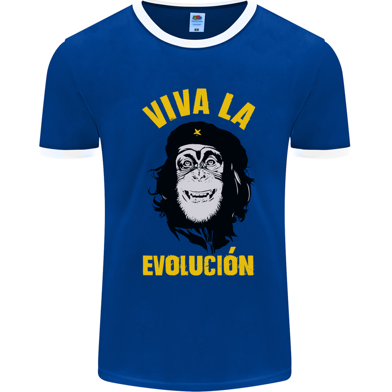 Funny Che Guevara Evolution Monkey Atheist Mens White Ringer T-Shirt Royal Blue/White