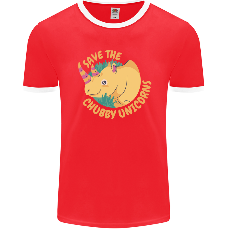 Save the Chbby Unicorns Funny Rhino Mens Ringer T-Shirt FotL Red/White