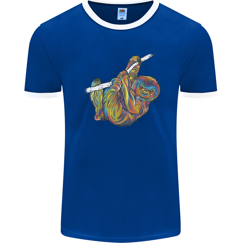 A Colourful Sloth on a Branch Mens Ringer T-Shirt FotL Royal Blue/White