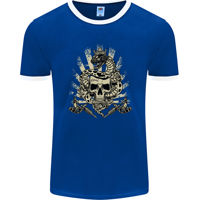 Tattoo Skull Snake Tattooist Biker Gothic Mens Ringer T-Shirt FotL Royal Blue/White