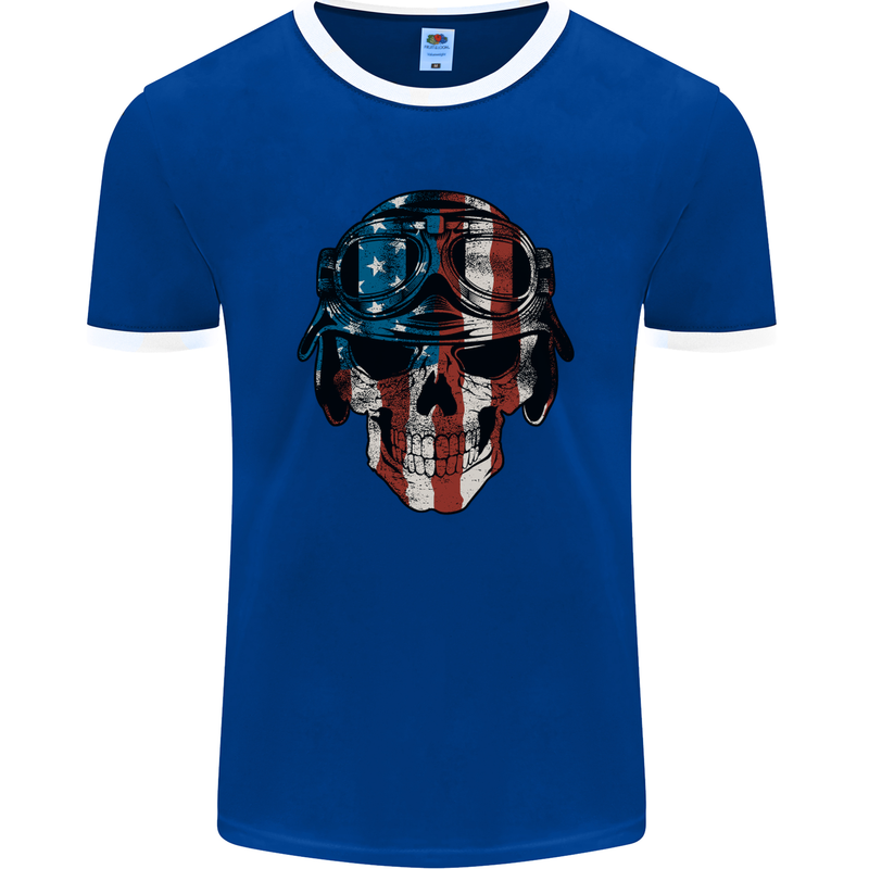 USA Flag Biker Skull Motorcycle Motorbike Mens Ringer T-Shirt FotL Royal Blue/White