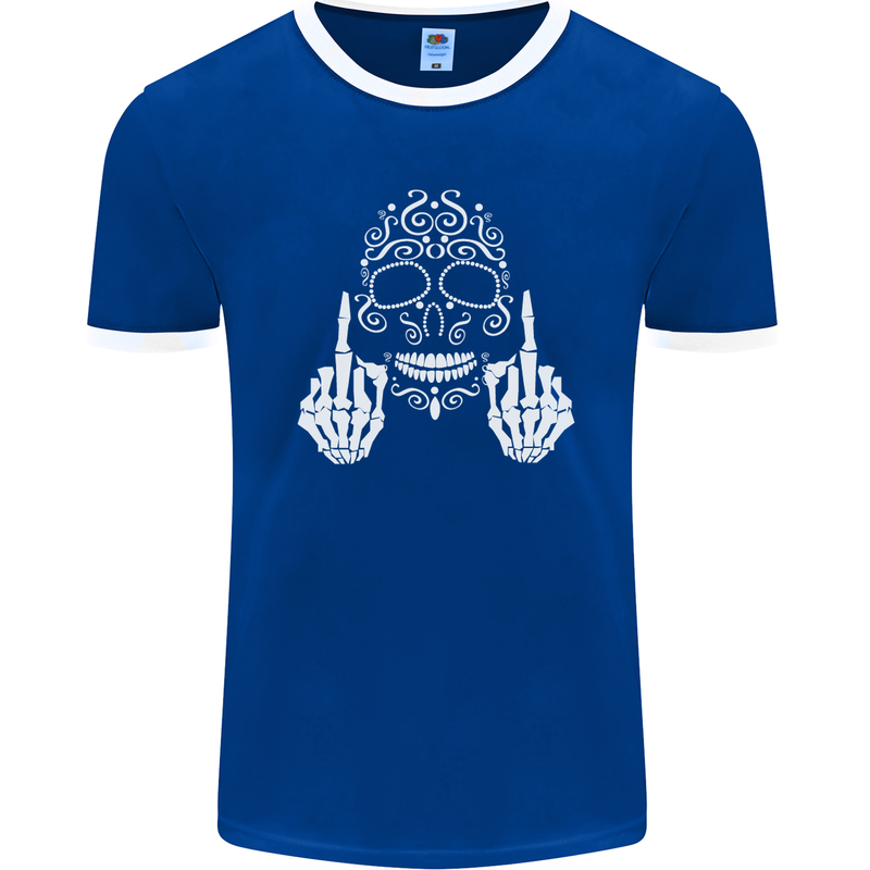 Sugar Skull Finger Flip Rude Offensive Mens Ringer T-Shirt FotL Royal Blue/White