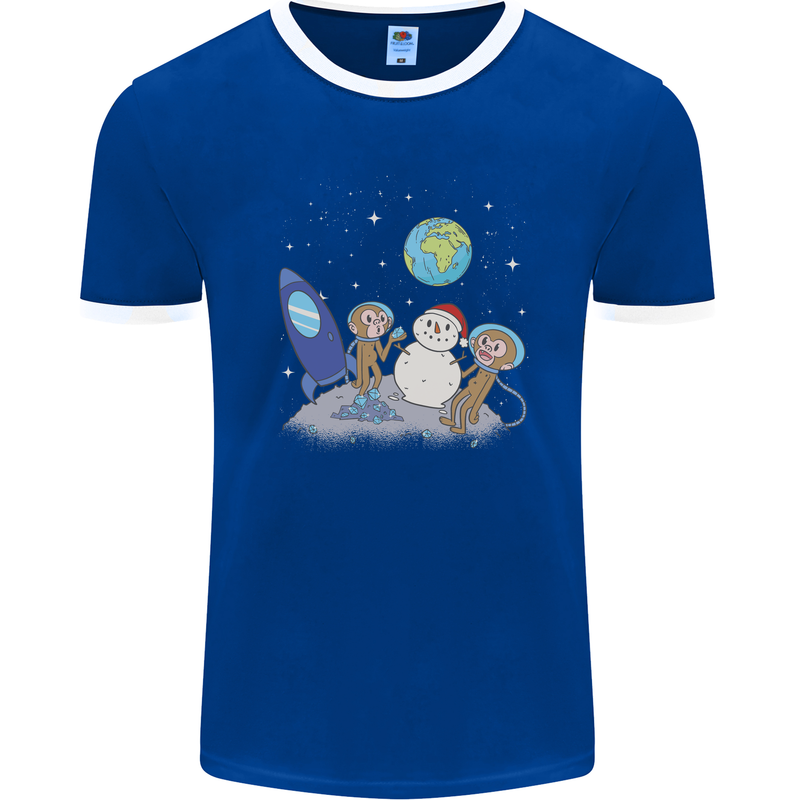 Space Monkeys Aliens UFO Christmas Snowman Mens Ringer T-Shirt FotL Royal Blue/White