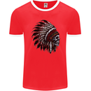 Indian Skull Headdress Biker Motorcycle Mens Ringer T-Shirt FotL Red/White