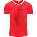 A Saxaphone Musical Instrument Brass Band Mens White Ringer T-Shirt Red/White