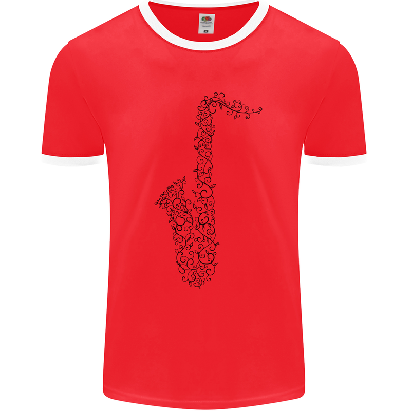 A Saxaphone Musical Instrument Brass Band Mens White Ringer T-Shirt Red/White