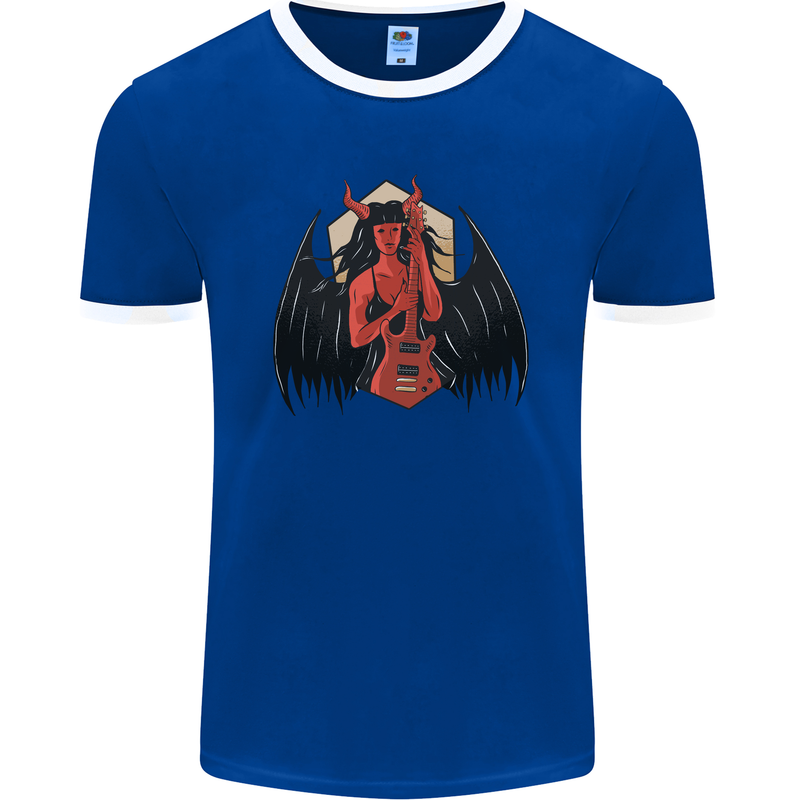 Devil Woman Guitar Death Heavy Metal Rock Mens Ringer T-Shirt FotL Royal Blue/White