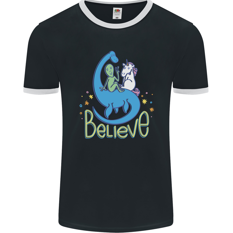 Believe in Dragons Unicorns Aliens Funny Mens Ringer T-Shirt FotL Black/White