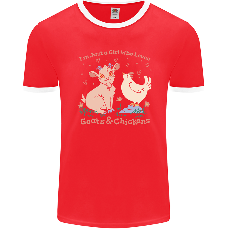 A Girl Who Loves Goats Chickens Farmer Mens Ringer T-Shirt FotL Red/White