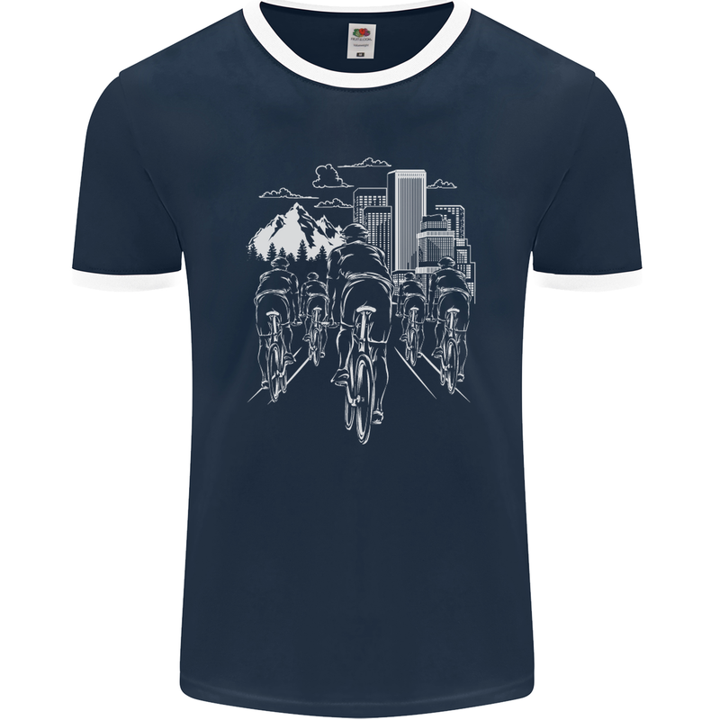 Bike Ride Cycling Cyclist Bicycle Road MTB Mens Ringer T-Shirt FotL Navy Blue/White