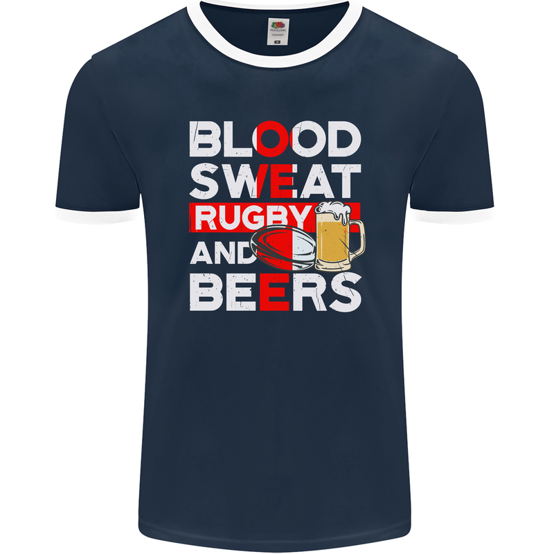 Blood Sweat Rugby and Beers England Funny Mens Ringer T-Shirt FotL Navy Blue/White