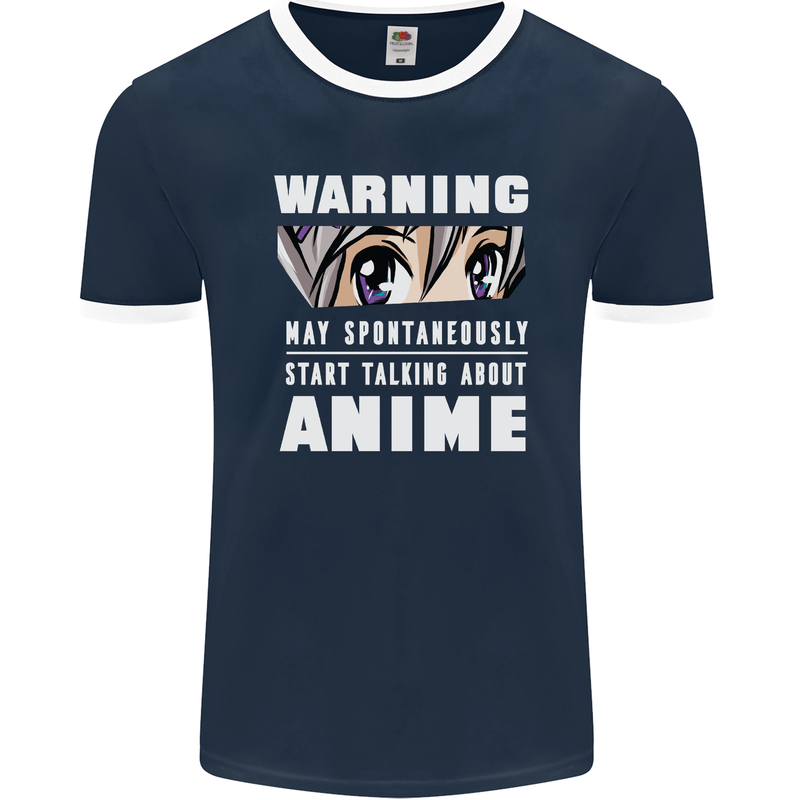 Warning May Start Talking About Anime Funny Mens Ringer T-Shirt FotL Navy Blue/White