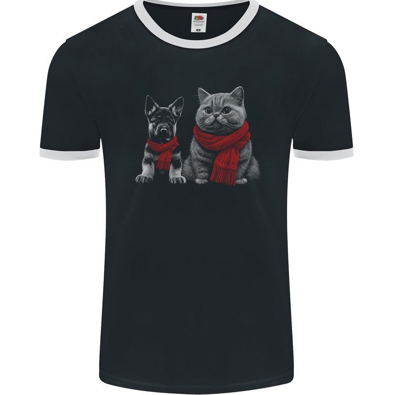 Dog & Cat in Scarves German Shepherd Mens Ringer T-Shirt FotL Black/White