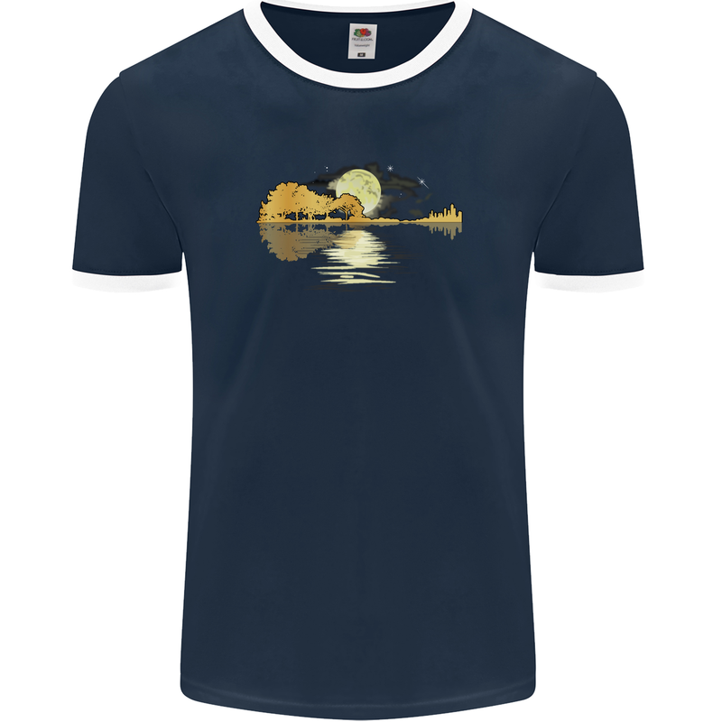 Guitar Reflection Guitarist Bass Acoustic Mens Ringer T-Shirt FotL Navy Blue/White