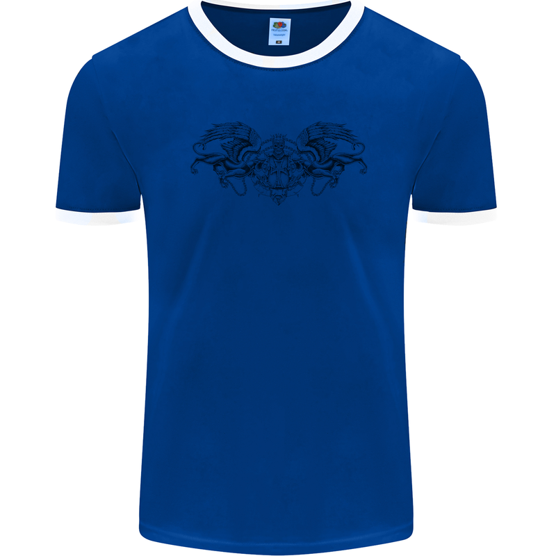 St Georges Day Roman Skull Wings Panther Mens Ringer T-Shirt FotL Royal Blue/White