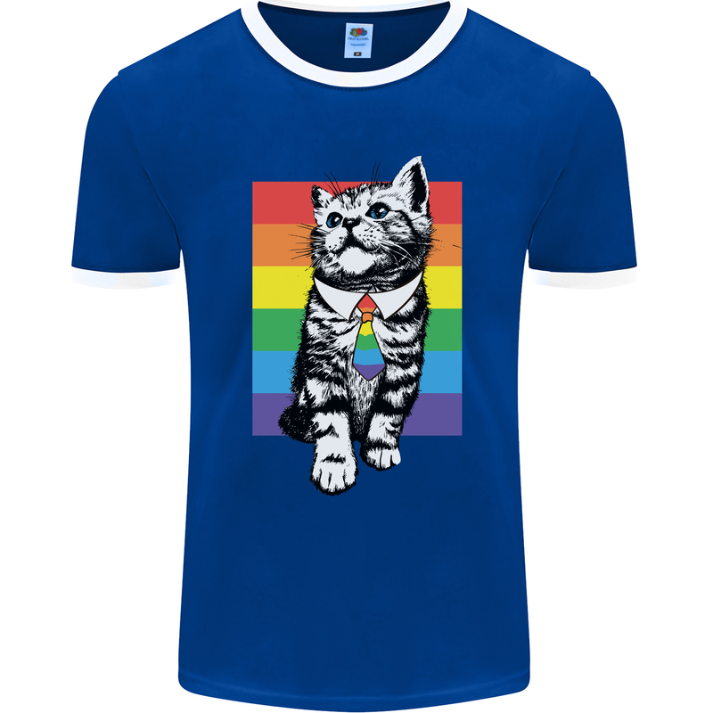 LGBT Cat Gay Pride Day Awareness Mens Ringer T-Shirt FotL Royal Blue/White