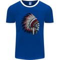 Indian Skull Headdress Biker Motorbike Mens Ringer T-Shirt FotL Royal Blue/White