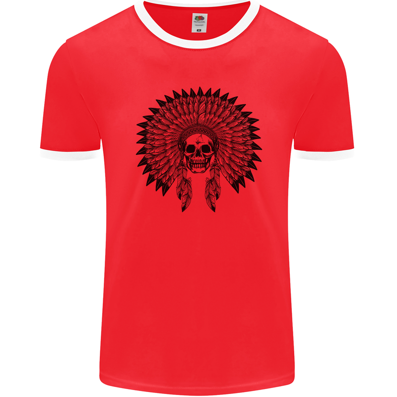 Indian Skull Headdress Biker Motorcycle Mens Ringer T-Shirt FotL Red/White