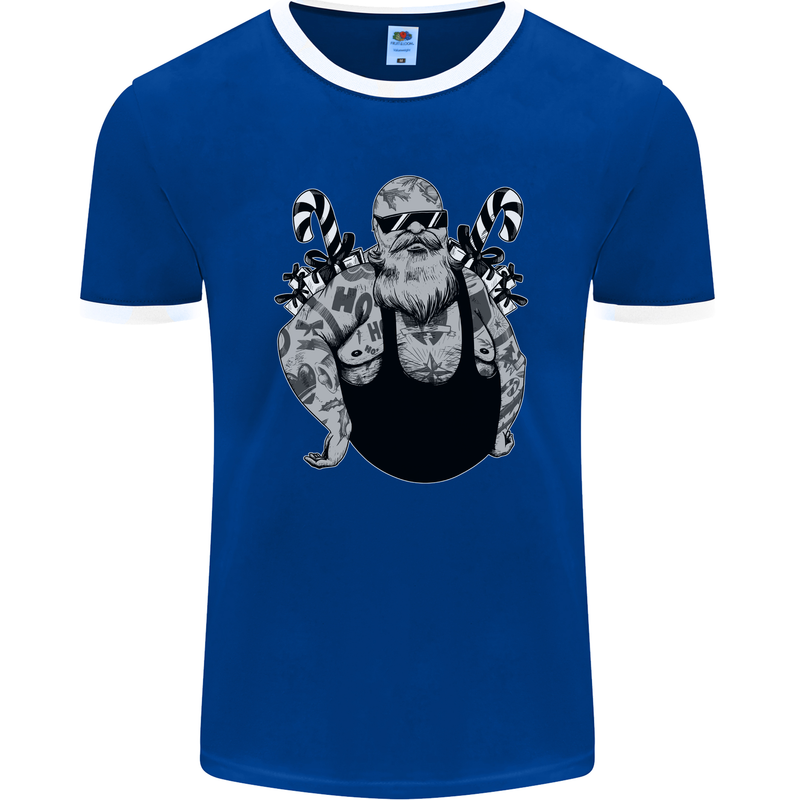 Tattoo Santa Funny Christmas Biker Motorbike Mens Ringer T-Shirt FotL Royal Blue/White