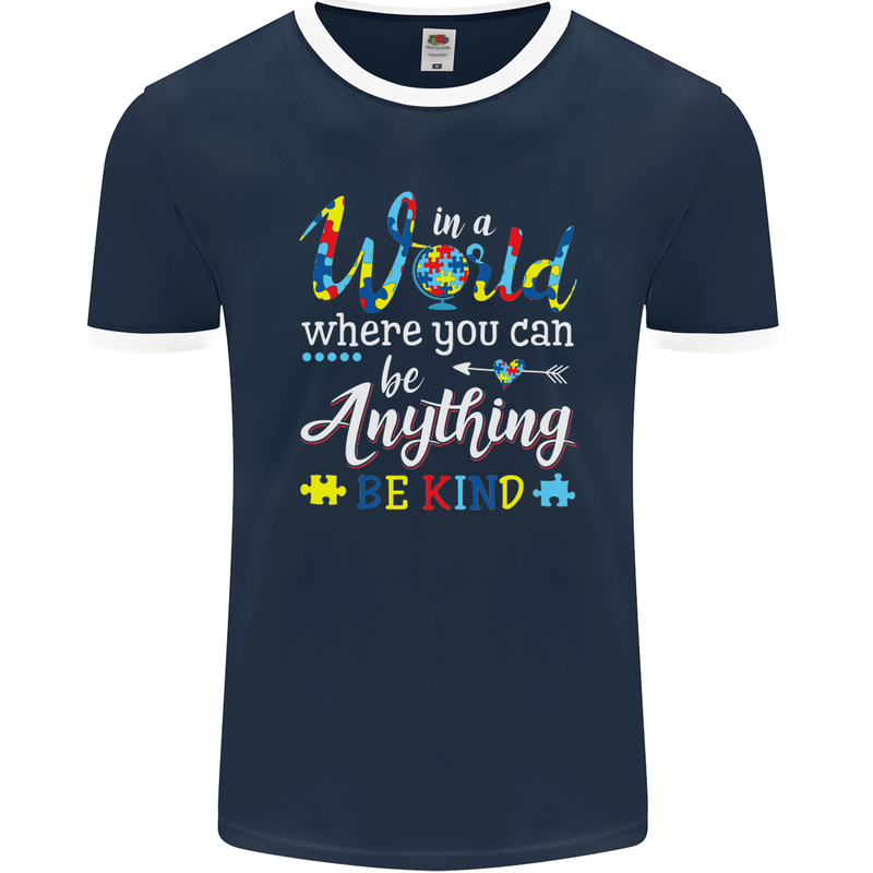 Autism In a World Be Kind Autistic ASD Mens Ringer T-Shirt FotL Navy Blue/White