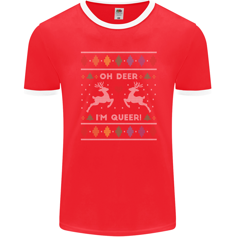 Christmas LGBT Oh Deer I'm Queer Gay Pride Mens Ringer T-Shirt FotL Red/White