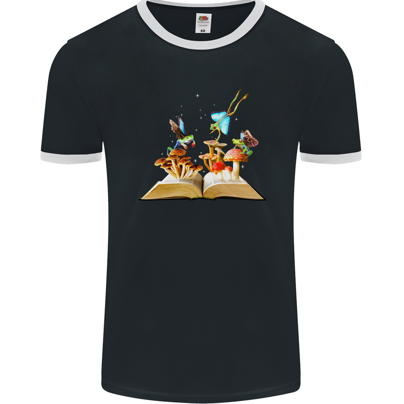 Trippy Nature Book Magic Mushrooms LSD Mens Ringer T-Shirt FotL Black/White