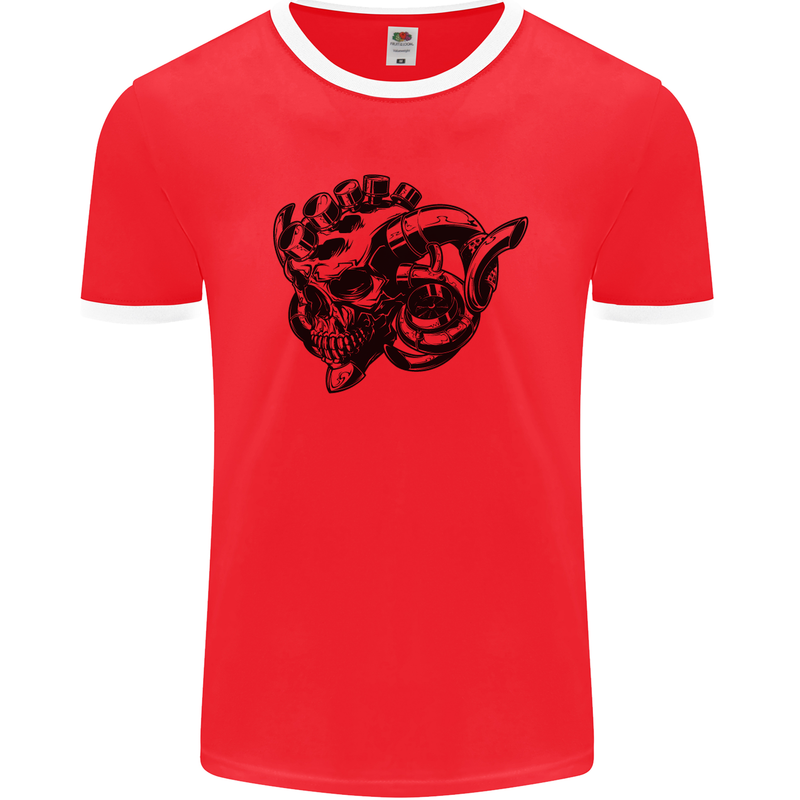 Turbo Skull Car Enthusiast Engine Drifting Mens Ringer T-Shirt FotL Red/White