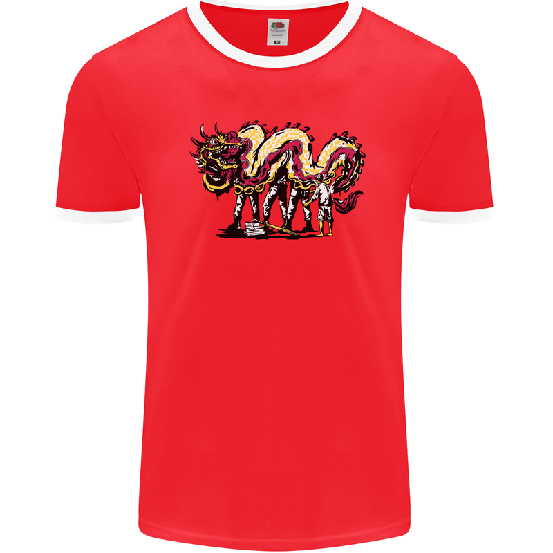 Banksy Style Fake Chinese Dragon Mens Ringer T-Shirt FotL Red/White