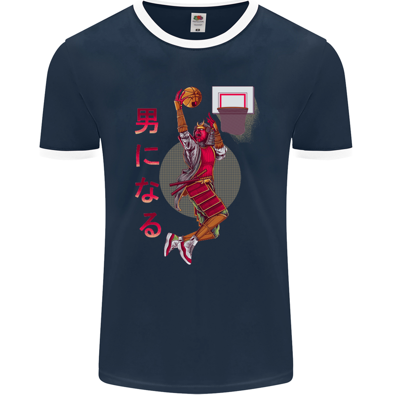 Samurai Basketball Player Mens Ringer T-Shirt FotL Navy Blue/White